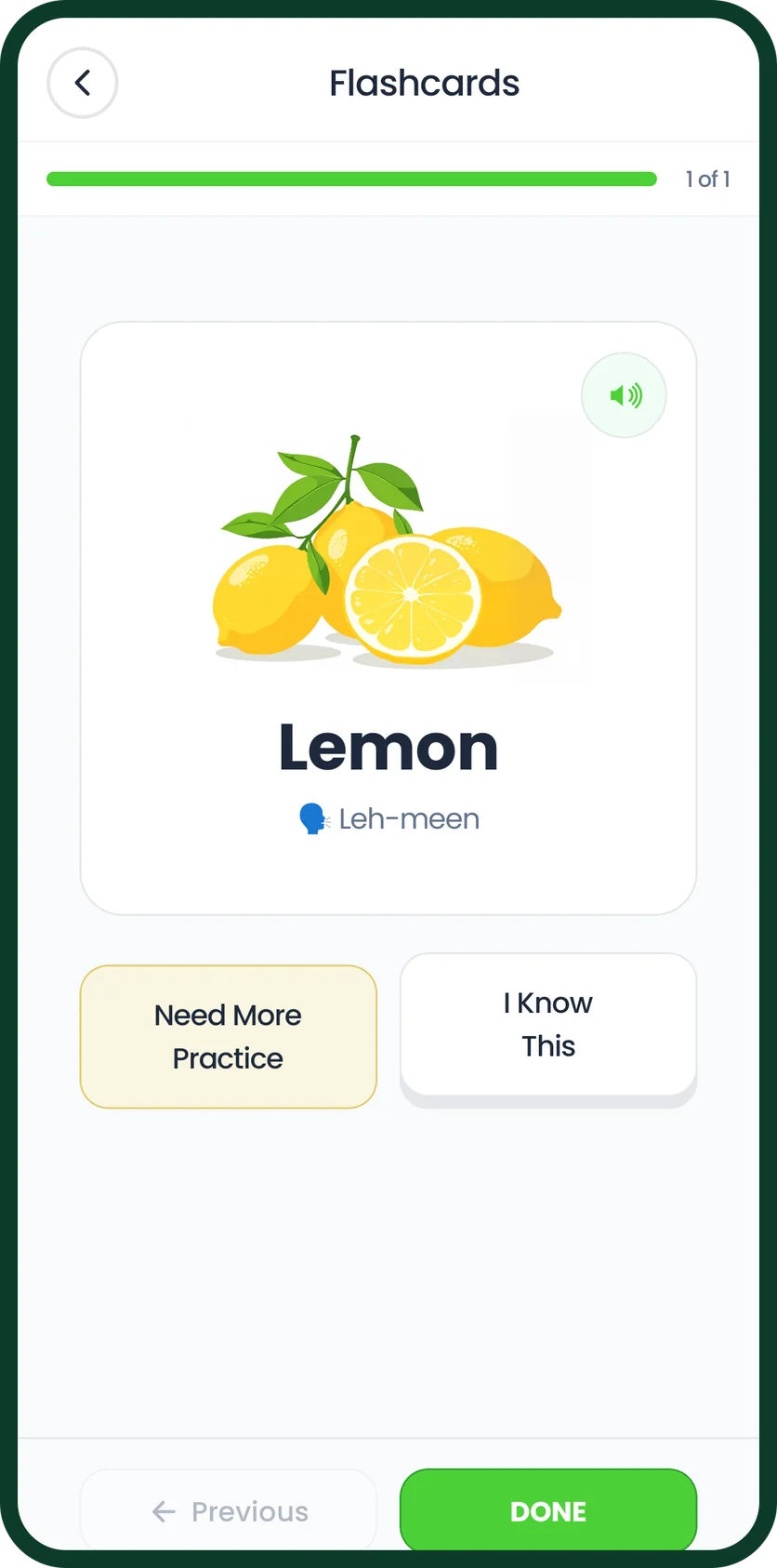 The back of the flashcard: a picture of lemons and the word Lemon